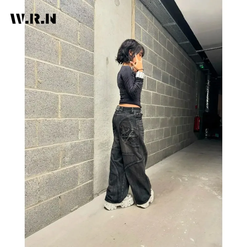 Unisex Retro Streetwear Washed Loose Jeans Women\'s Harajuku Trendy High Waisted Jeans Emo Punk Y2K Wide Leg Pant