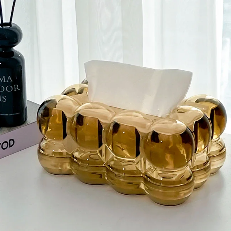 Modern Amber Gold Tissue Box Rectangular Ball Napkin Face Towel Storage Box Living Room Countertop Storage Container Home Decor
