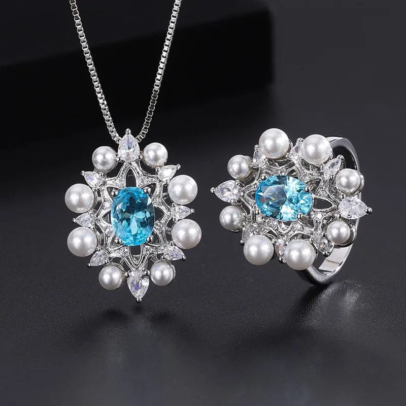 silver 925 diamonds inlay pearl necklace vintage blue gemstone powder gemstone ring collar chain pendant two-piece romantic sets