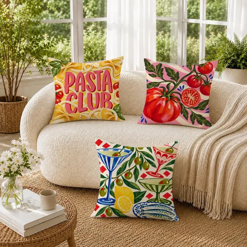 Fun Kitchen Themed Throw Pillow Covers Set Pasta Club Tomato Lemon Kitchen Decor Cushion for Sofa Couch