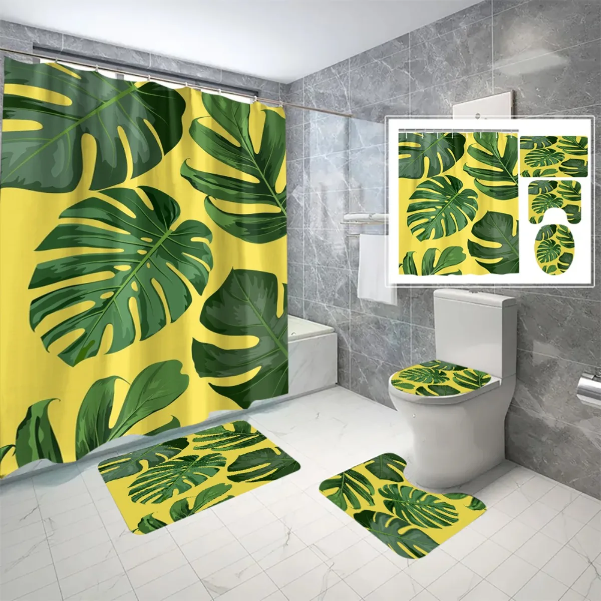 

4pc Tropical Monstera Leaf Bathroom Set, includes shower curtain with hooks, non-slip mat, toilet seat cover, and non-slip mat.