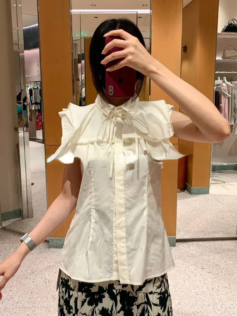 Kuzuwata Japanese New Blusas Mujer Laciness Patchwork Heavy Industry Blouses Lapel Drawstring Slim Straight Sleeveless Shirt