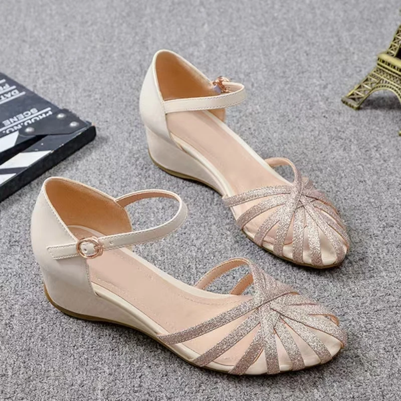 Women Thin Strap Woven Closed Toe Wedges Sandals Summer New Soft Sole Hollow Out Cover Heel Buckle Strap Real Leather Sandals