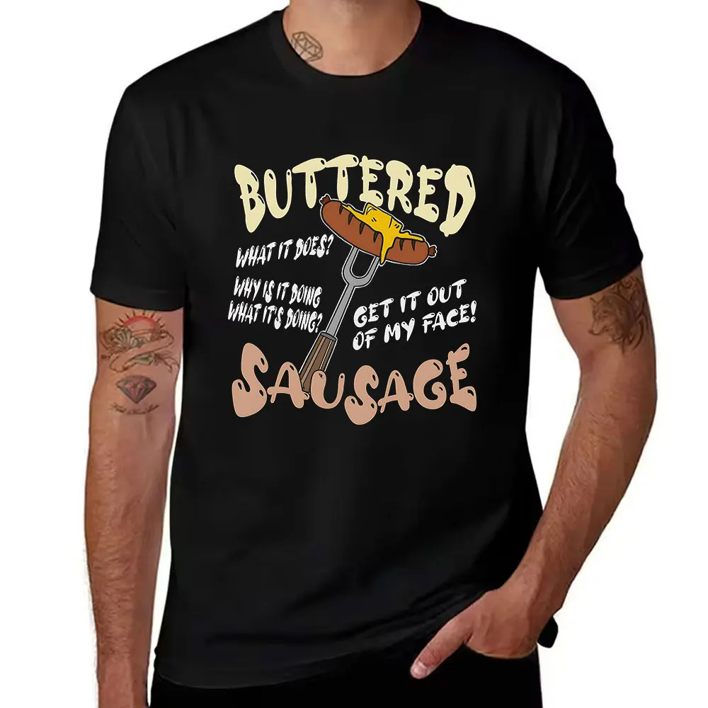 Men's Cotton T-Shirt Buttered Sausage Graphic Tee Funny Humor Print Casual Short Sleeve Shirt for Food Lovers