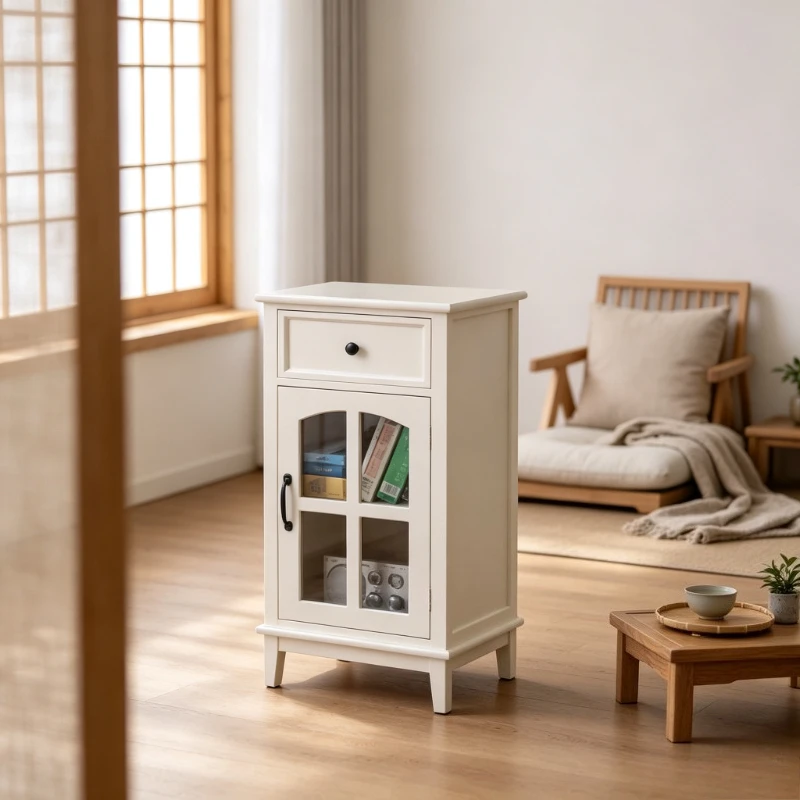 Single Door Solid Wood Retro Buffet Cabinet Glass Display Storage Detachable Shelf Vintage Metal Handle Moisture Resistant