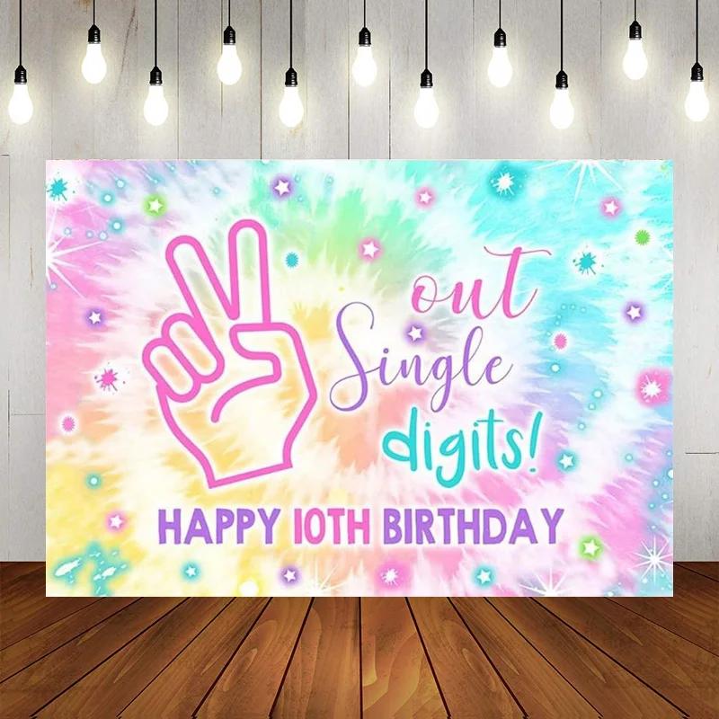 Girl Happy 10th Birthday Digits Backdrop Tie Dye Rainbow Photographic Background Decorations Banner Photo Props