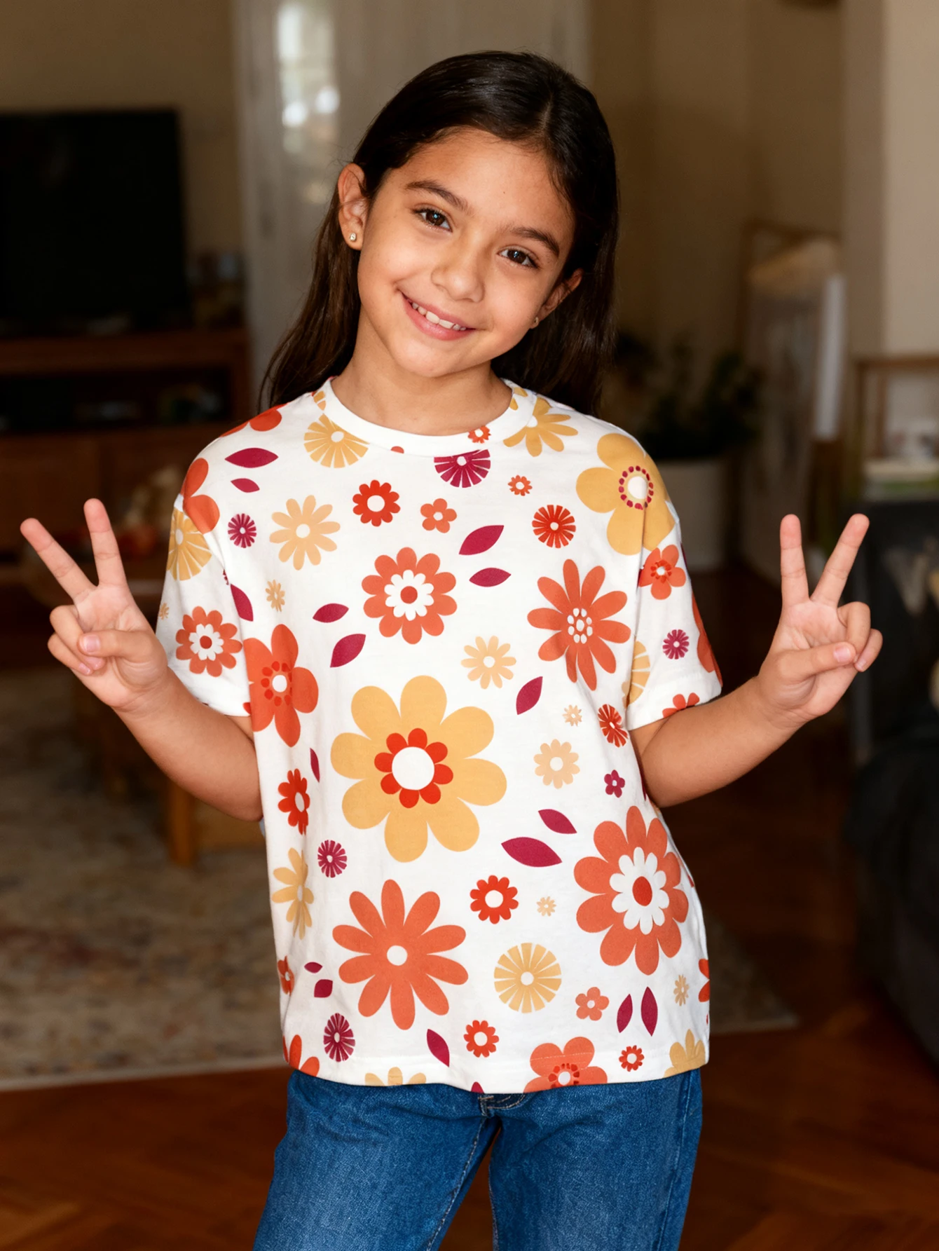 

2026 Girls' Vintage Flower Print Short Sleeve T-Shirt Orange and Yellow Floral Loose Medium and Large Kids Casual Top