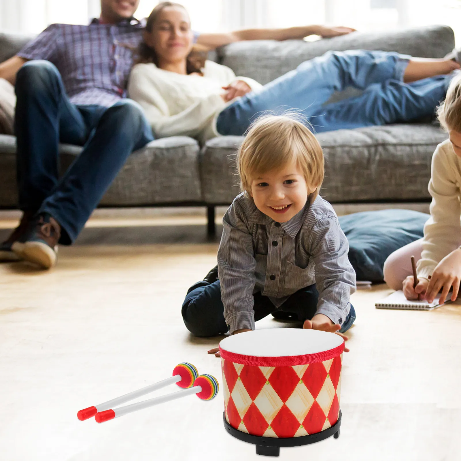 

Деревянный ручной барабан с красным клетчатым дизайном, напоминающий напольный том, развивающий музыкальный инструмент для сенсорного обучения, музыкальный барабан для