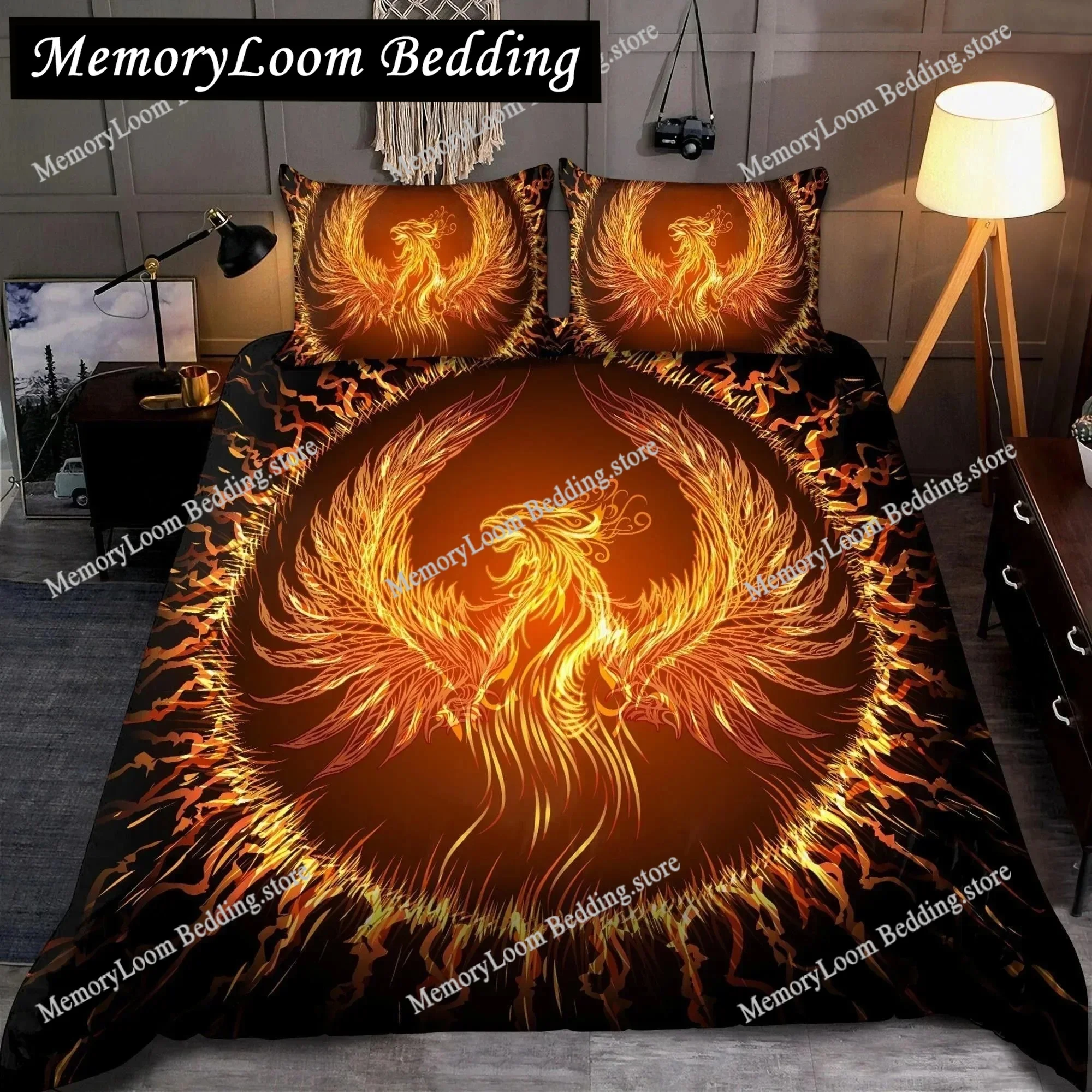 

Dragon and Phoenix Duvet Cover Set, Fantasy World Monster Gothic Bedding Sets Polyester Comforter Quilt Cover