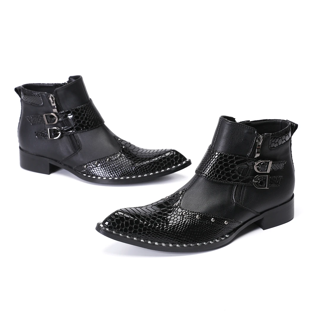fashion rivets pointed toe men genuine leather motorcycle ankle boot large size night club party dress boots male business shoes view 3