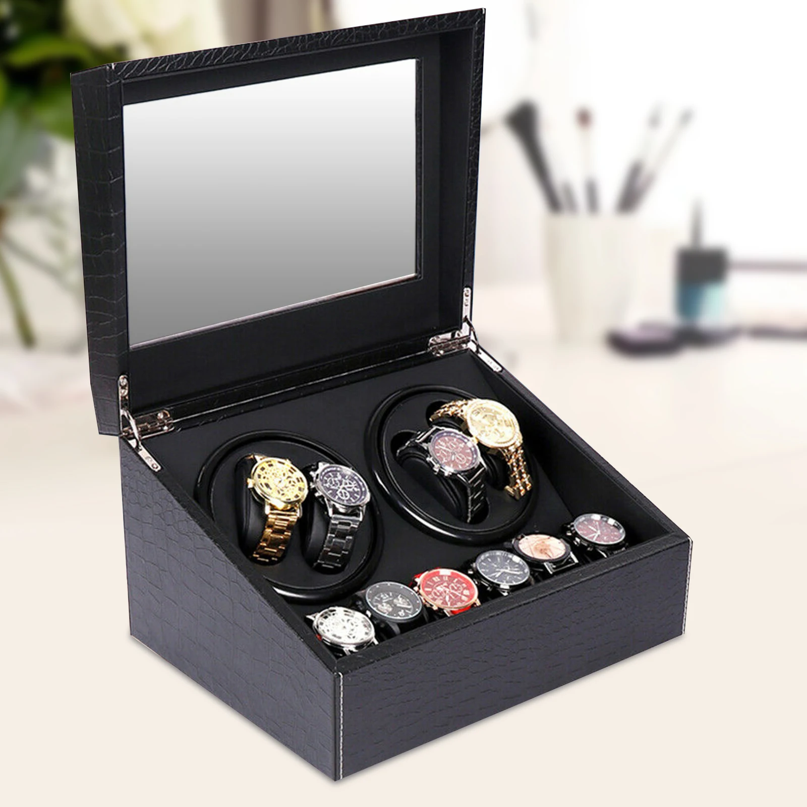 4+6 Watch Winder Rotating Watch Box for Automatic Watches Display Jewelry Box with Quiet Motor Organizer Black