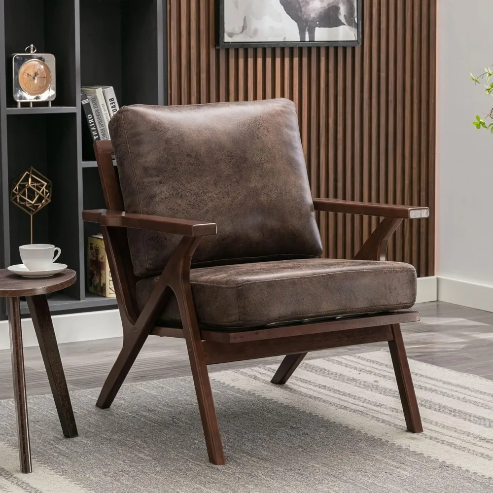 

Accent Chairs for Living Room,PU Leather Mid Century Modern Wood Reading Armchair with Removable Upholstered Cushions