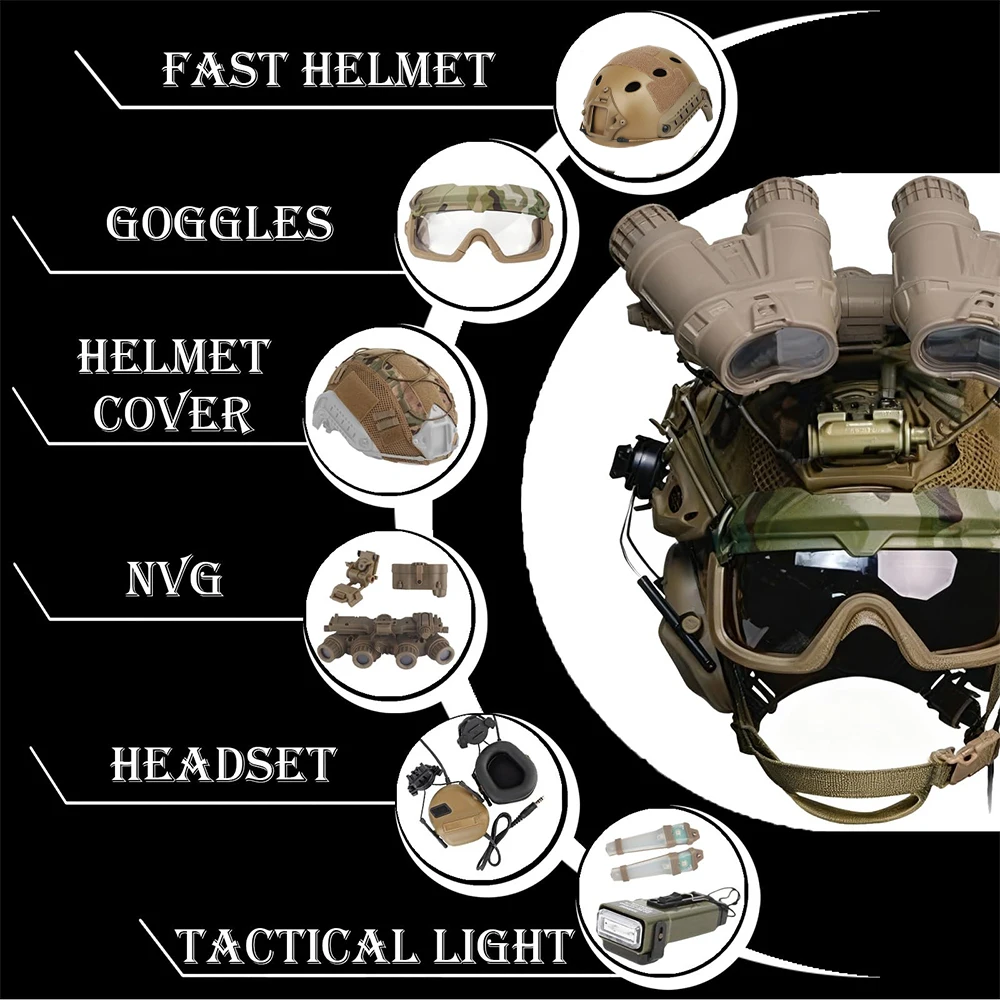 Tactical Airsoft Helmet Set 9 in 1 Fast Protection Helmet Kit with Headset NVG Dummy Model Signal Lights for Paintball Shooting