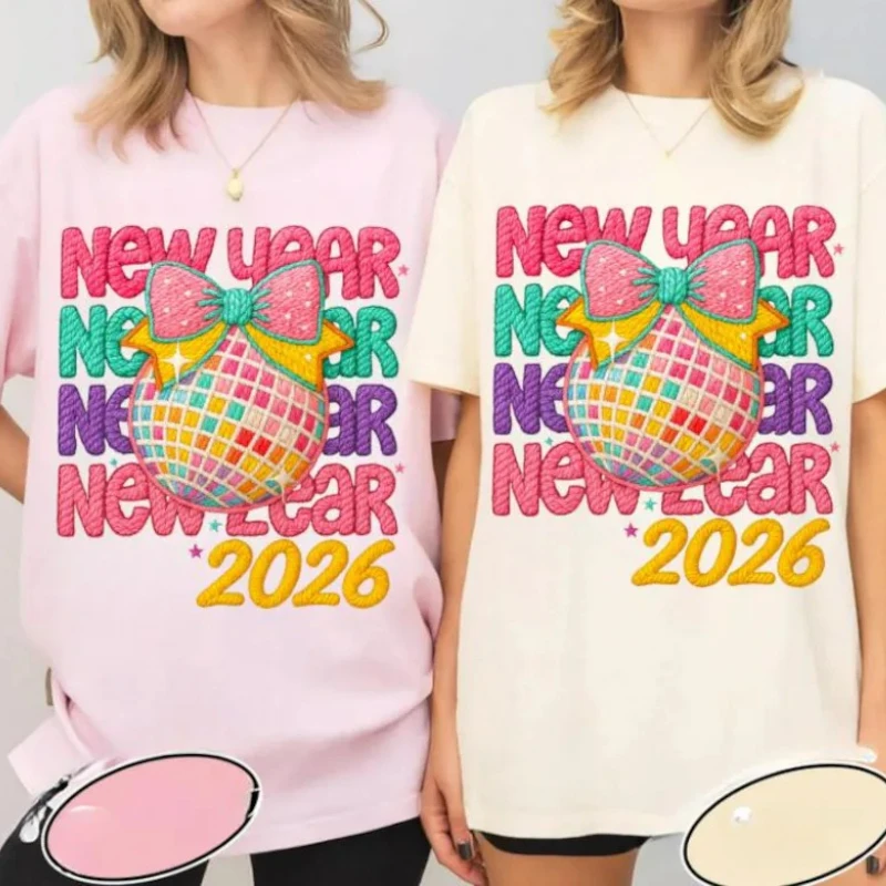

DTF New Style Faux Yarn Happy Hello 2026 Trendy New Year’s Eve PNG Pink & Teal Disco Glitter Coquette Bow Ladies Graphic Tshirts