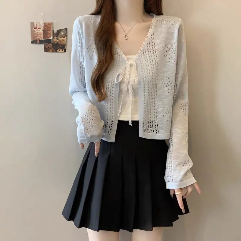 Knitted Sweater Women Cardigans Lace-up V-Neck White Knit Sweater Cardigan Women Tops New Long Sleeve Sueter Feminino 2026 Q4021