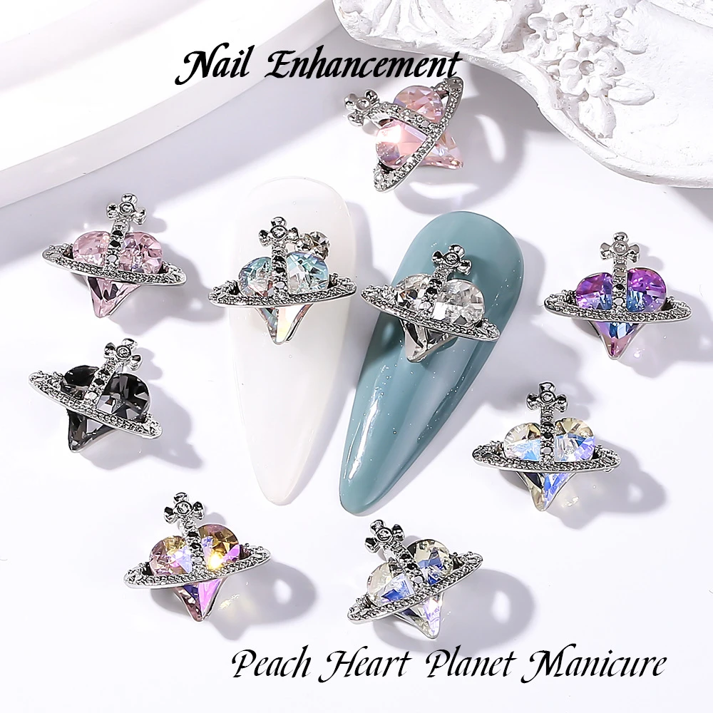 Luxury Crooked Heart Nail Rhinestones Glitter 3D Peach Heart Planet Nails Charm Cross Jewelry Diamond-Set Gems Manicure Decor