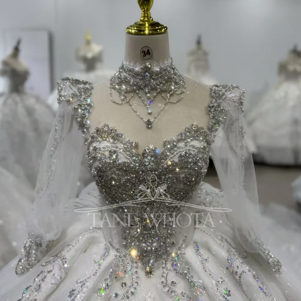 

Свадебное платье с круглым вырезом, длинными рукавами, шнуровкой на спине, расшитое пайетками и кристаллами, роскошное бальное платье