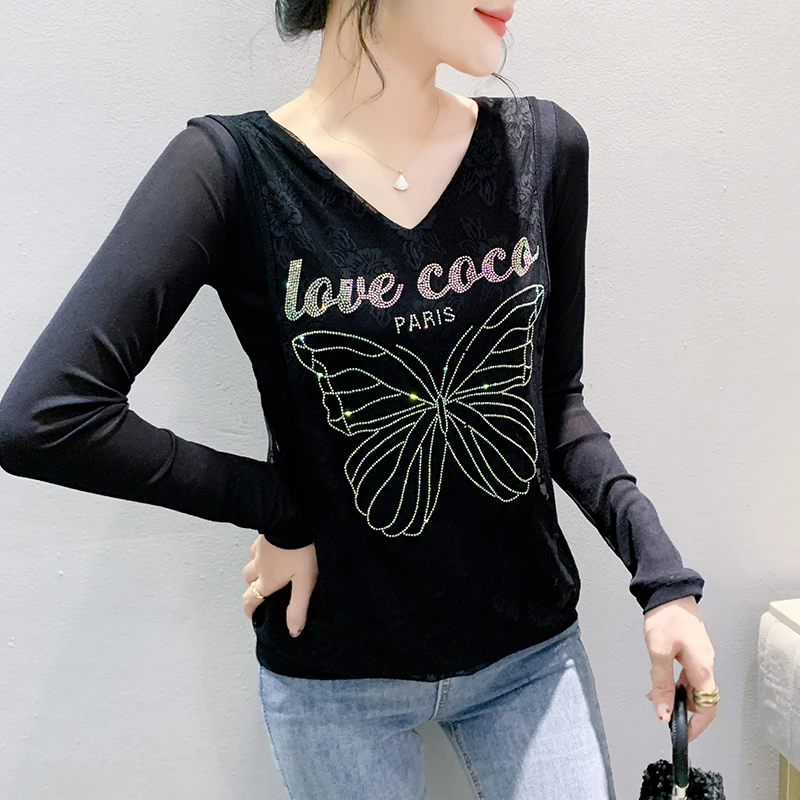 Black Korean Style Fall Winter T-Shirt Sexy V-Neck Figured Cloth Diamonds Butterfly Women's Tops Long Sleeve Tees 2024 New 49501