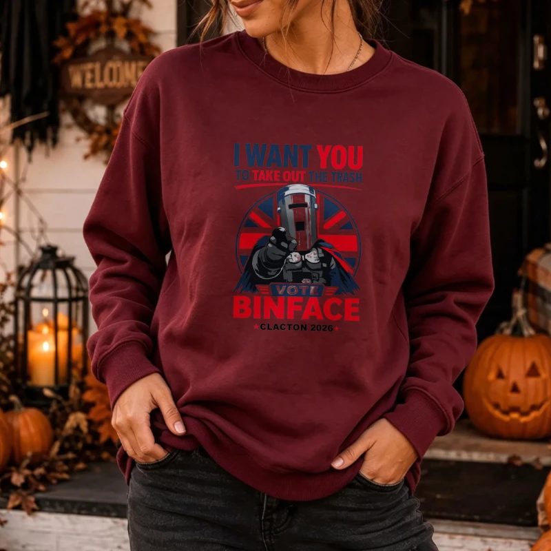 Vintage Binface Funny Election Slogan Union Jack Graphic Print Crew Neck Sweatshirt Casual Loose Pullover Tops Humor Streetwear