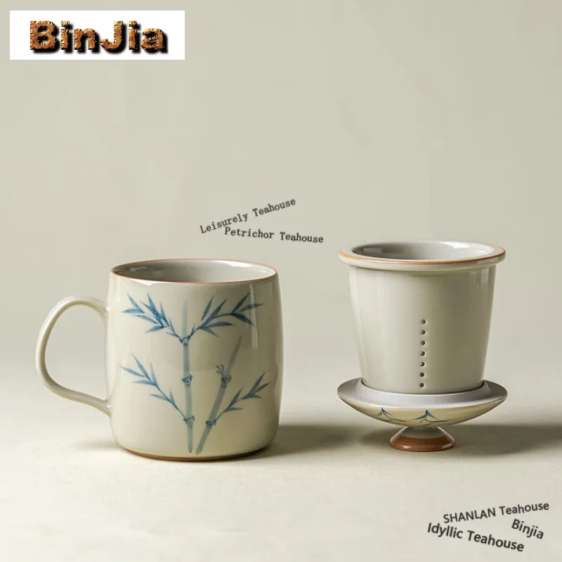 

340ml Hand-painted Green Bamboo Filter Tea Separator Cup Japanese Tea Mug with Infuser Tea Soaking Office Water Cup Ornaments