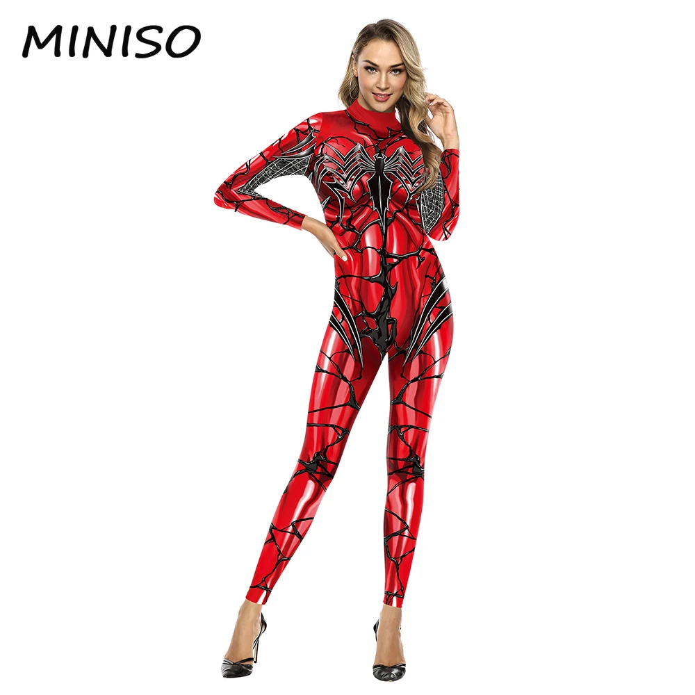 Miniso Cosplay Kostuums Voor Vrouwen Volwassen Jumpsuits Spider Patroon 3d Print Superheld Zentai Bodysuit Halloween Feestkleding