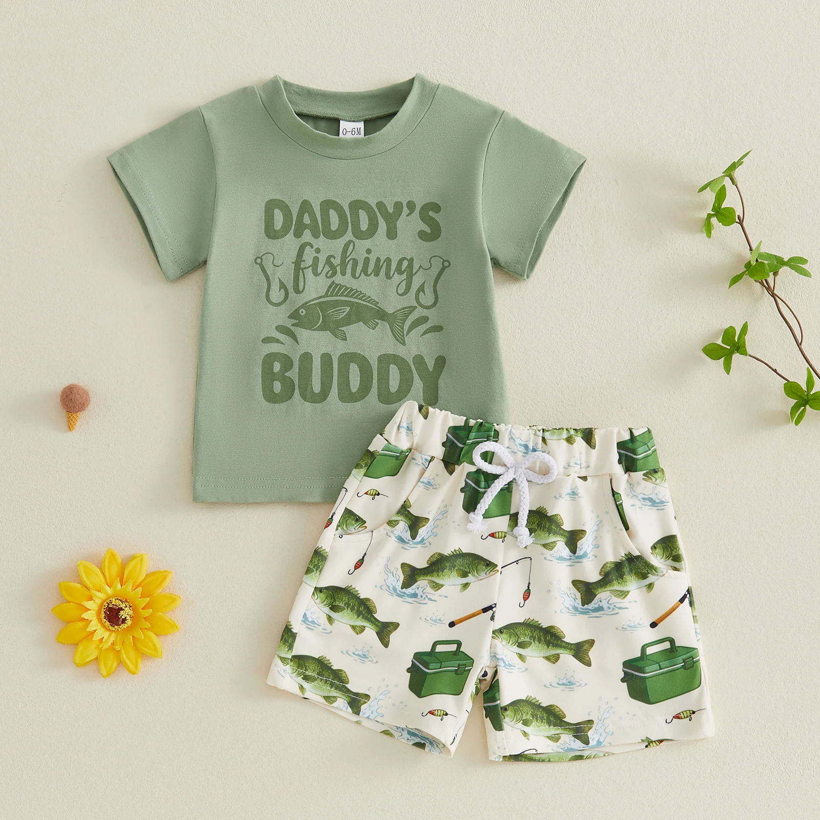 Casual Toddler Boy Summer Outfit Letter Print Short Sleeve Crew Neck T Shirt Fish Pattern Shorts Boys 2 Piece Set