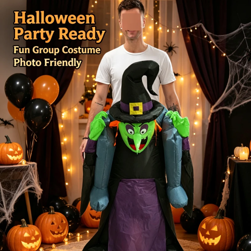 Inflatable Witch Costume With Green Face And Pointed Hat Lightweight Air Blown Suit For Halloween Party Carnival Parade