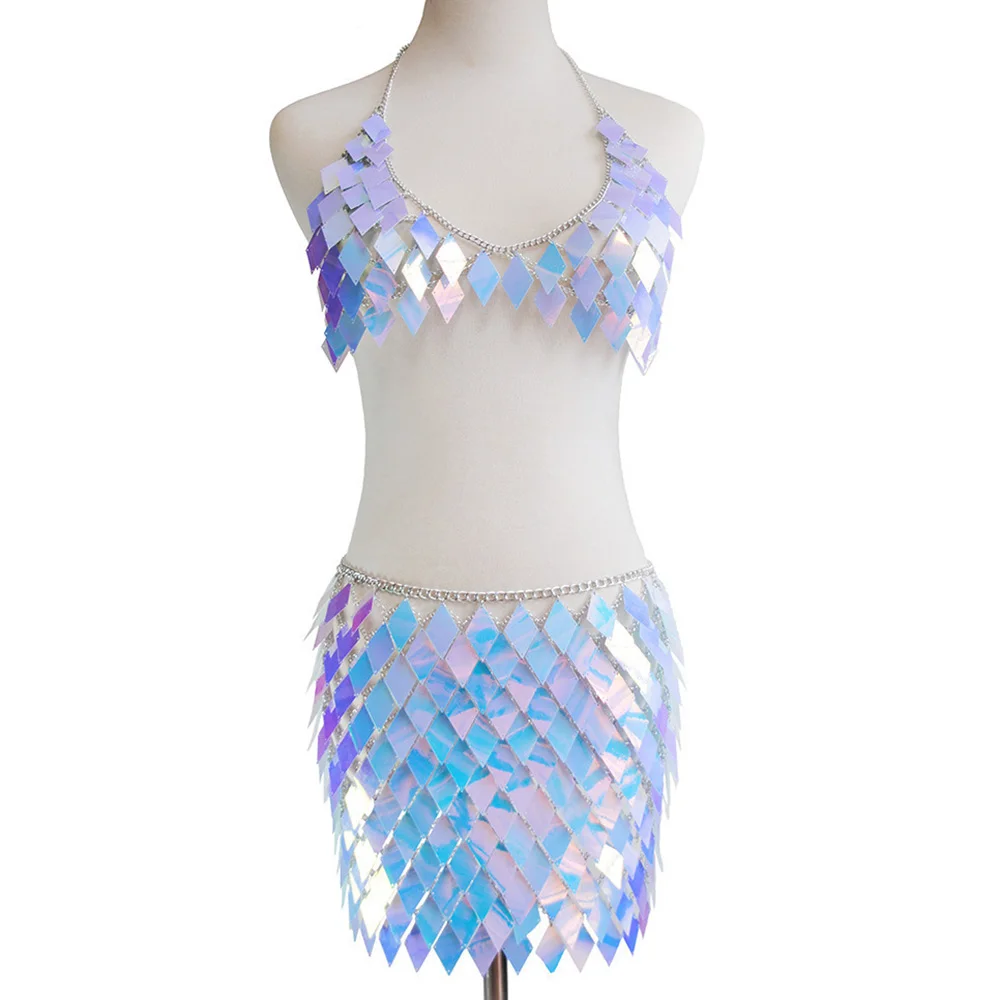 6 Color Sequins Lady Outfits Halter V-Neck Backless Camis Sexy Hollow Out Mini Skirt Summer Fashion Rave Festival Body Chain Set