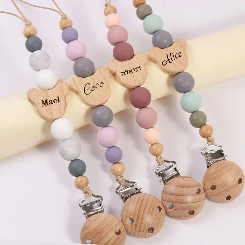 Baby Pacifier Chain Cute Soothing Anti Drop Chain Silicone Round Bead Beechwood Pacifier Clip