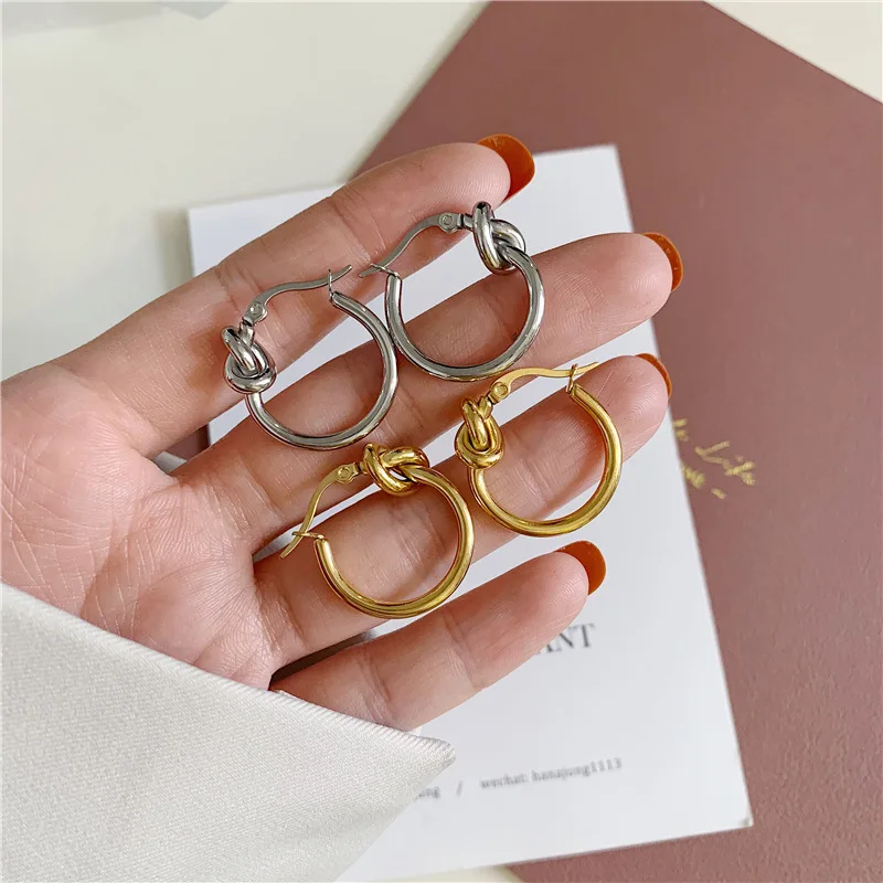 Gold Color Stainless Steel Earrings for Women Trendy Simple Twist Knotted Circle Hoop Earring Punk Hip Hop Jewelry Accessories