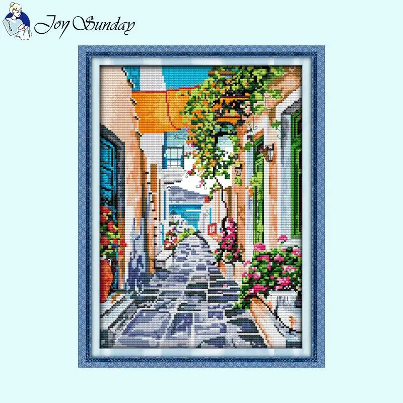 Flower Street Scenic Cross Stitch Aida 14CT Count 16CT 11CT Stamped Canvas Fabric DIY Hand Embroidery Sewing Kit Home Decor Gift