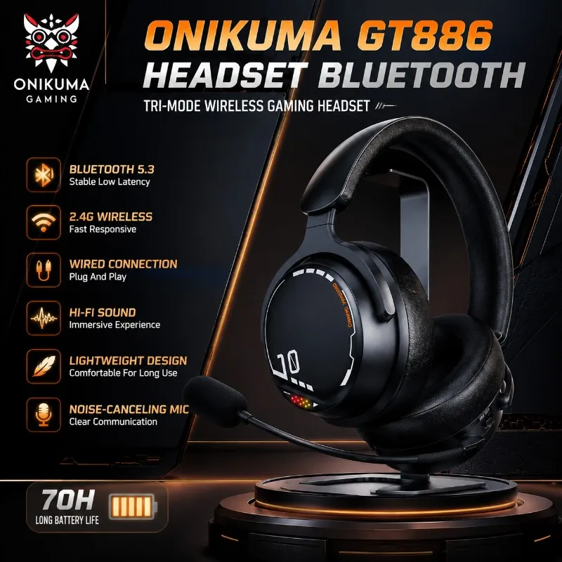 ONIKUMA GT886 Gaming Headset Tri Mode Lightweight Wireless Bluetooth 5.3 2.4G Wired Connection Hifi Sound Comfortable Esports