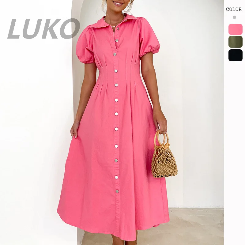2025 novo verão europeu e americano mangas bolha temperamento cintura alta camisa vestido feminino
