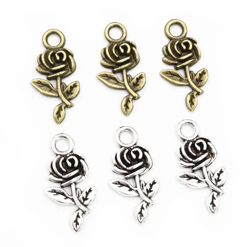 21x10mm 40 sztuk Antique Bronze Plated kwiat róży ręcznie Charms wisiorek: DIY dla bransoletka naszyjnik