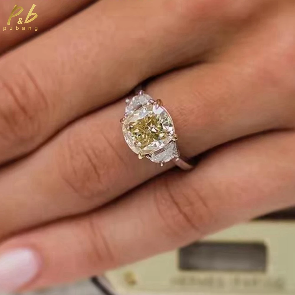 

PuBang сверкающее 3EX VVS1 кольцо с желтым муассанитом, 4 карата, подушка из желтого белого золота 18 карат, тонкие кольца для женщин, подарки на годовщину