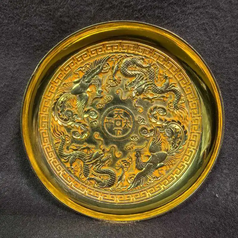 Alloy Double Dragon and Phoenix Peace in the World Plate Decorative Ornament for Home Tabletop Display