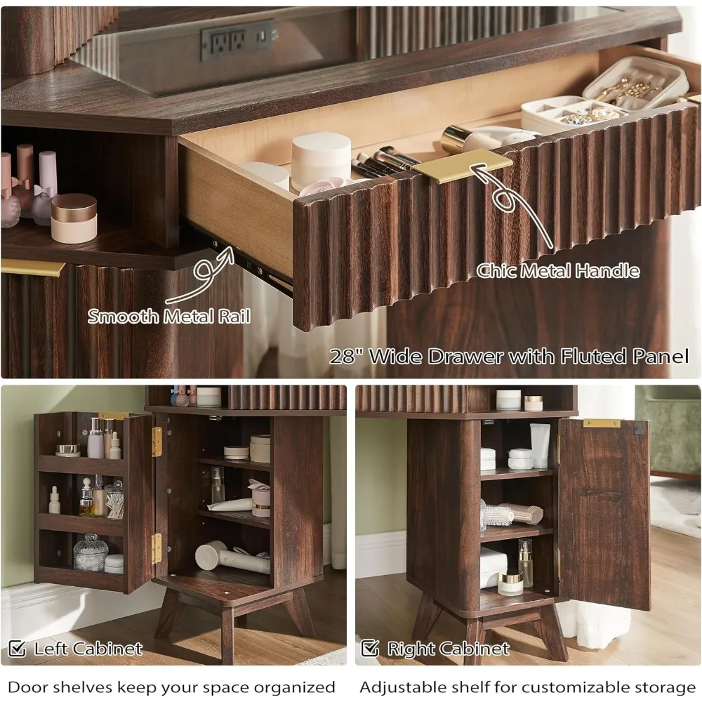 Mesa de canto de 48 polegadas com design canelado, espelho de 3 vias e iluminação integrada e estação de carregamento