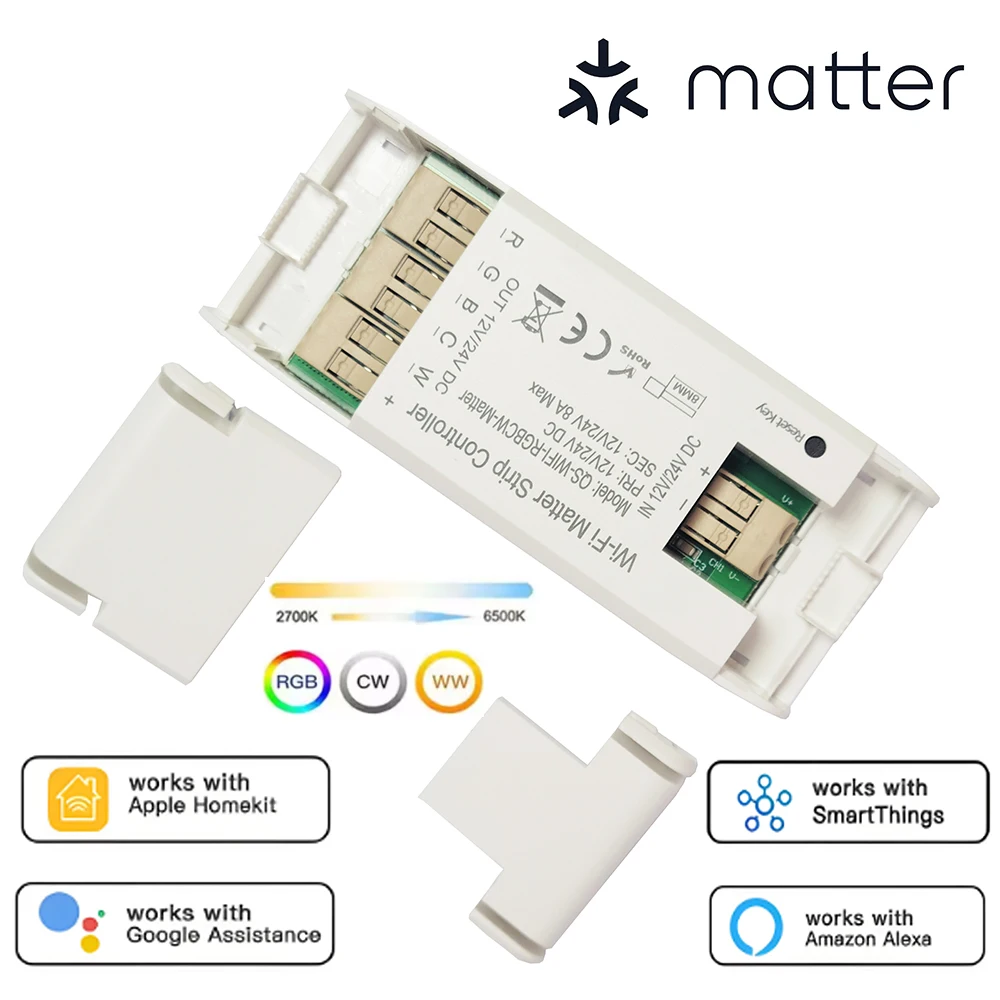 

Контроллер Matter WIFI RGBCW, умная светодиодная лента, 12 В постоянного тока, 24 В, диммер, поддержка Homekit Smartthings, управление через приложение Alexa Google Home