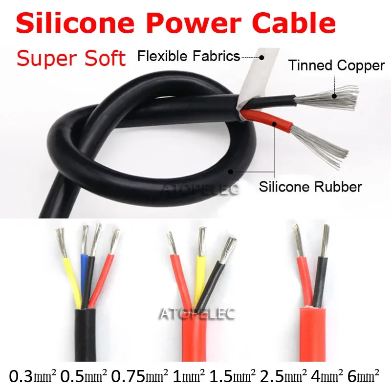 1M/5M Heat Resistant 2/3/4 Core Power Cable Flexible Super Soft Silicone Cord Tinned OFC Copper Wire 22/20/18/17/15/13/11/10 AWG