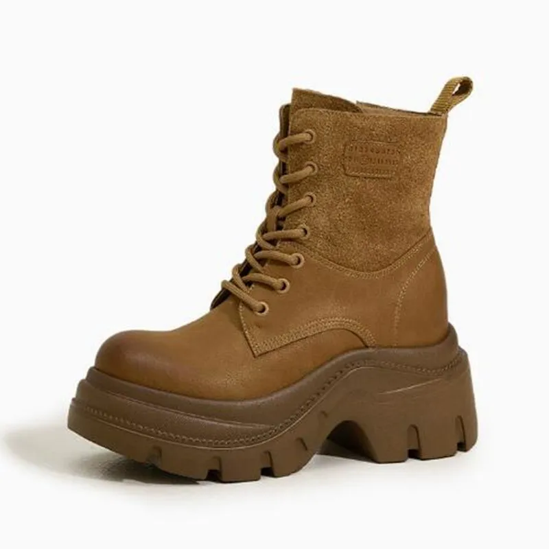 

Женские короткие ботинки на толстой платформе 9,5 см, осенне-зимние, на шнуровке, кожаные, массивные кроссовки, мотоциклетные ботинки, Botas Mujer