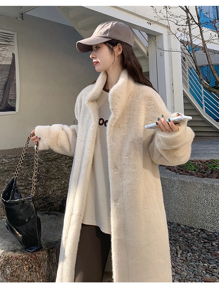 Women's Thick Faux Mink Fur Mid-length Coat Autumn Winter Fashion Stand Collar Plush Outerwear Women Elegant Warm Fluffy Jackets