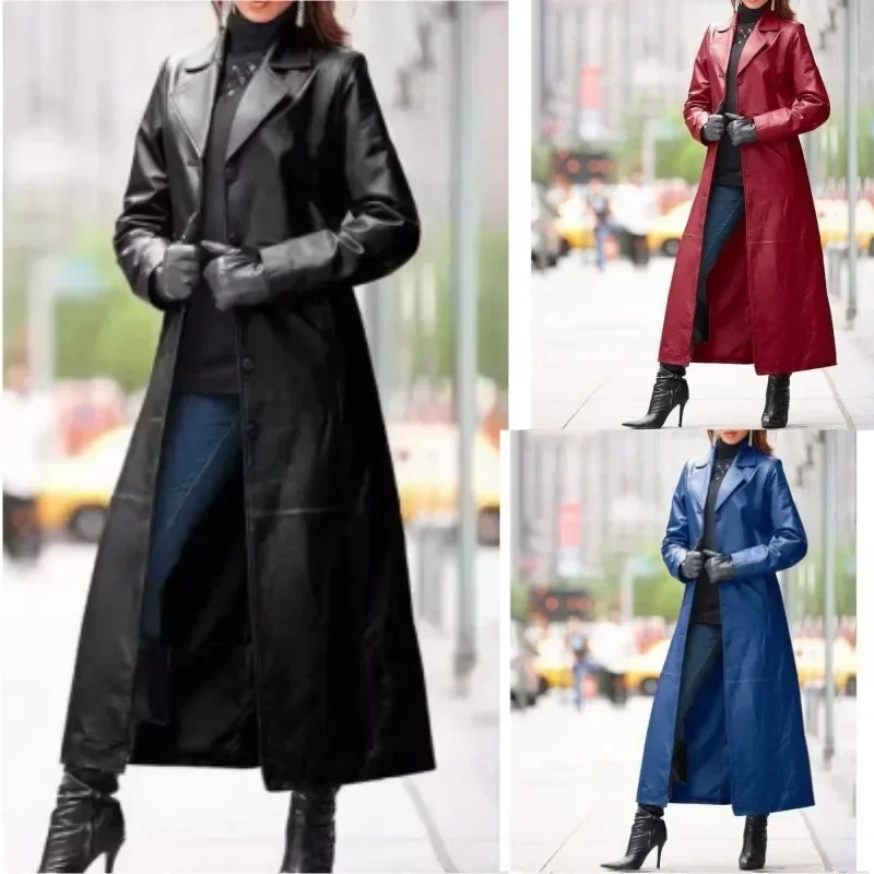 Women Autumn Winter Faux Leather Coat Long Sleeve Solid Color Turndown Collar Button Casual Fashion Warm Comfortable Regular Fit