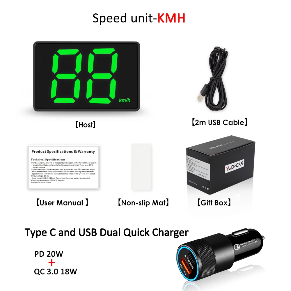 Vjoycar Nieuwste GPS-snelheidsmeter voor alle auto's Plug and Play Groot lettertype Klein formaat Volledig scherm 2-kleuren auto-elektronica-accessoires