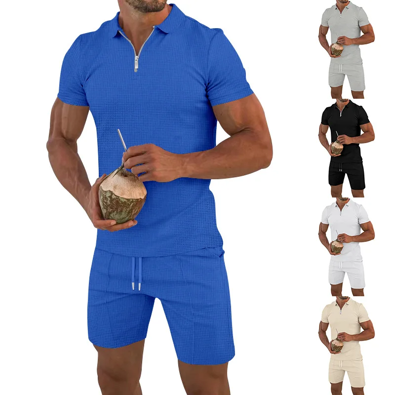 

T-shirt Men's European and American Men's Short Sleeved Shorts Set Summer Solid Color Casual Loose Half Zippered Lapel