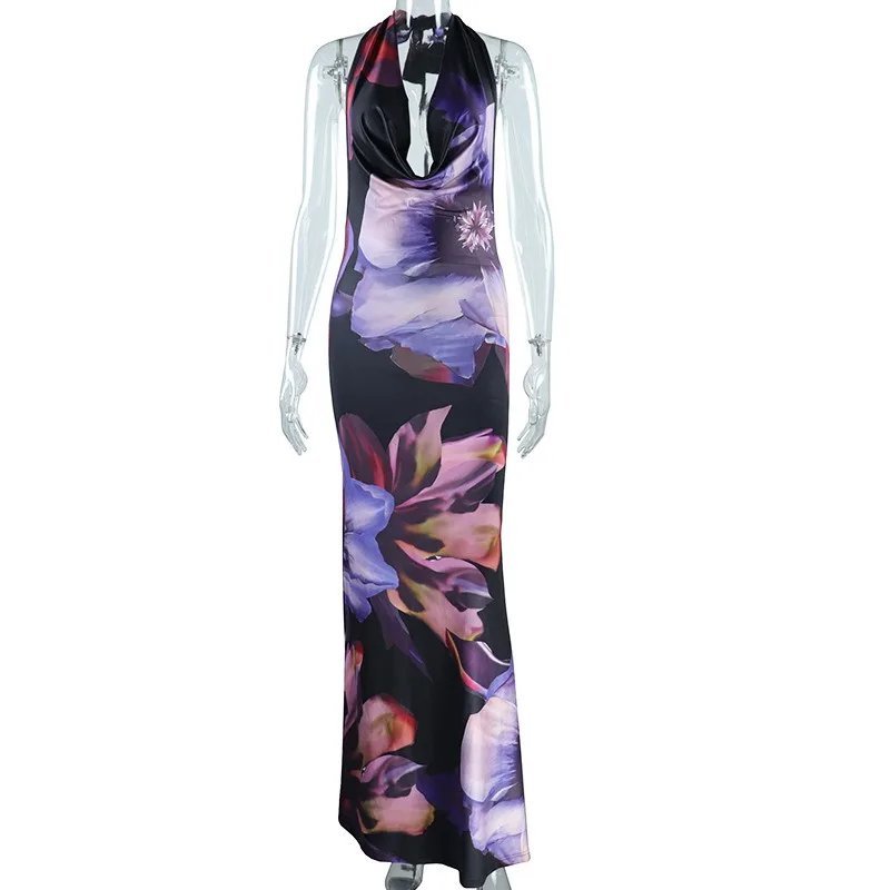

Backless Maxi Dress Women Sexy Print Mesh See Through Bodycon Dress Summer Beach Outfit Elegant Sleeveless Club Party Dress 2025