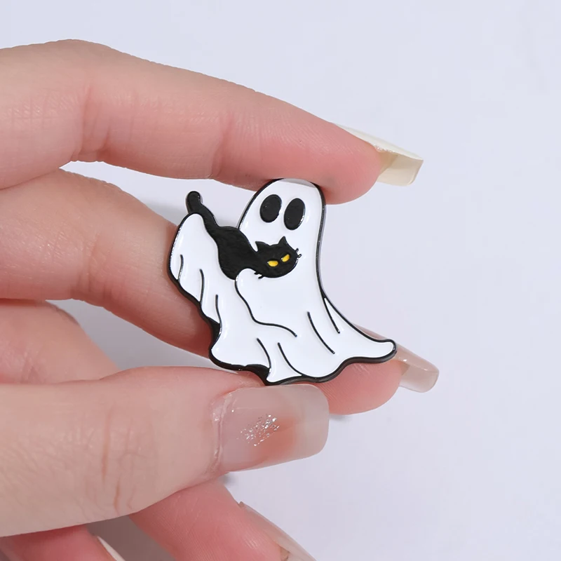 Cartoon Ghost Enamel Pins Custom Cute Black Cat Brooches Lapel Badges Halloween Animal Jewelry Gift for Kids Friends