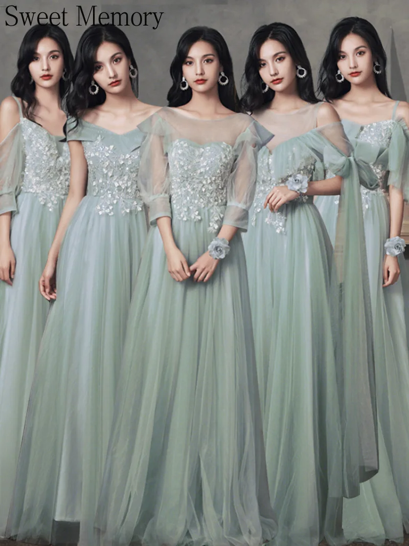 Gray Green Evening Dress Long Gown Girl Appliques Lace Up Tulle Vestidos Elegant Dress Women Wedding Party Bridesmaid Dresses