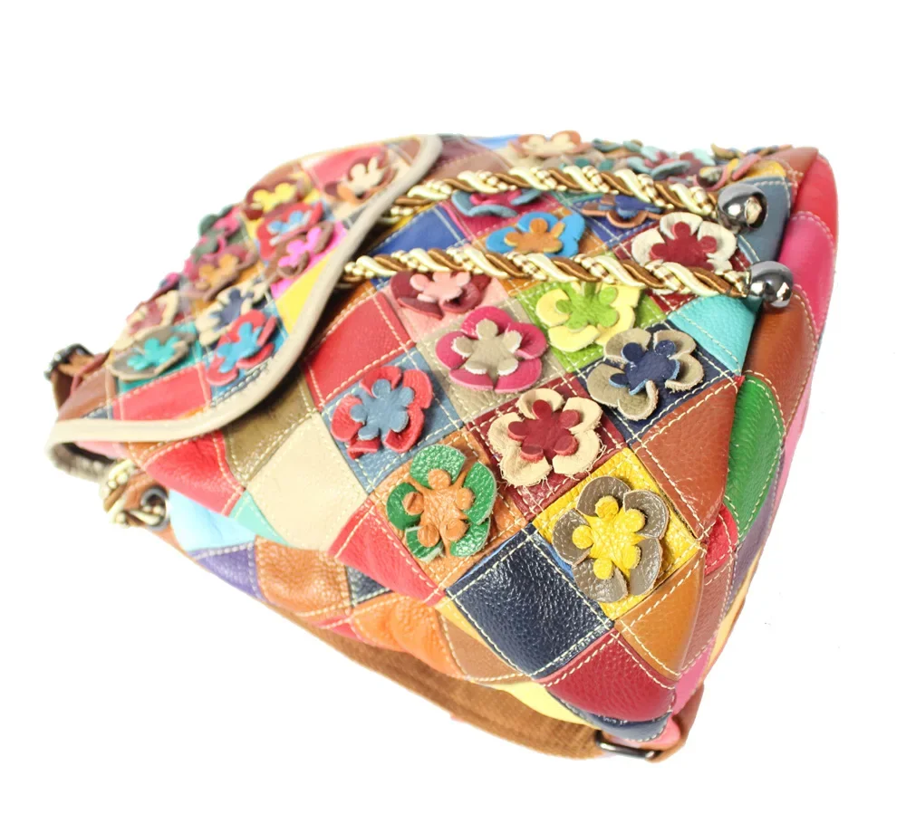 Female Casual Flower Genuine Leather Random Multi-color Backpack Big Size Travel Patchwork Work Daily Laptop Drawstring Daypack