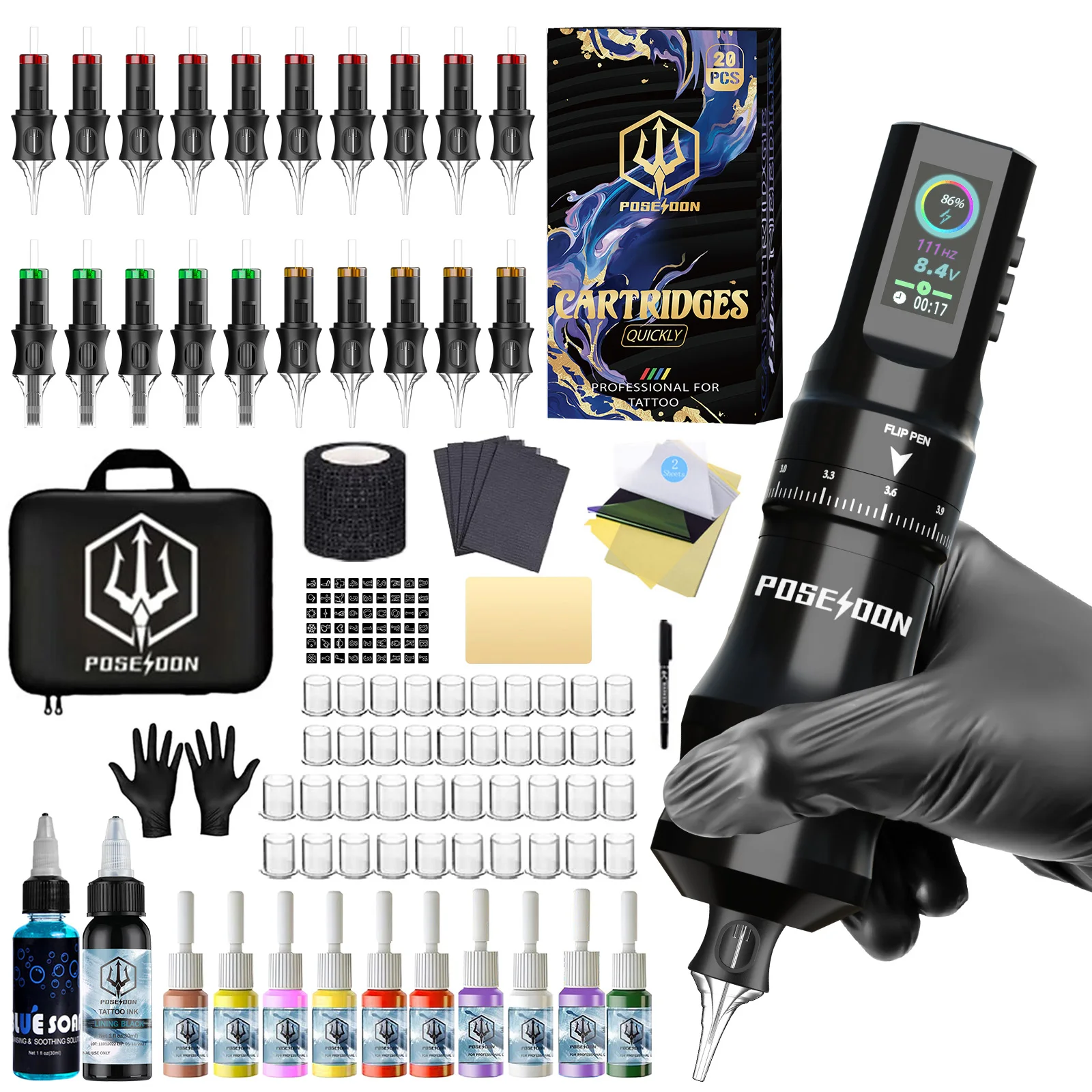Tattoo Kit POSEIDON V5 Hot Tattoo Pen Kit For Permanent Makeup Tattoo Machine Kit High Power Tattoo Power Supply Tattoo Gun Kit