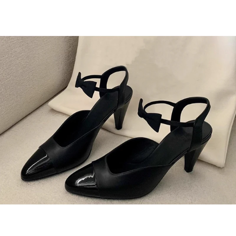 

Black Bowknot Pointed Toe Slingback Chunky Heels Sandals Woman Summer 2026 Closed Toe Slip-On High Heels Mary Jane Women's Shoes